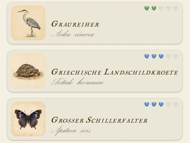 Artenliste im Bestiarium der App