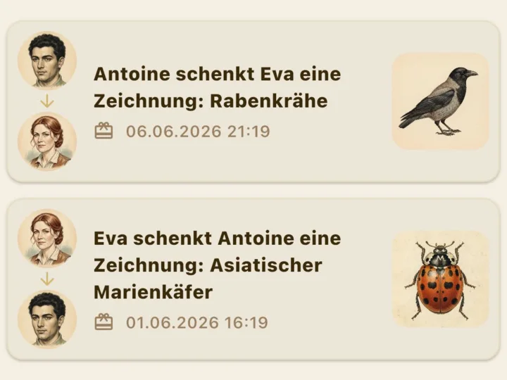 Geschenkte Zeichnungen von Freund:innen in der App