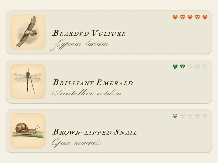 Species list in the app bestiary