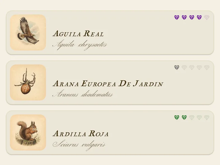 Lista de especies en el bestiario de la app