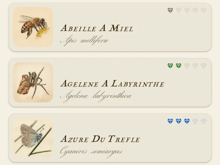 Liste des espèces dans le bestiaire de l’app