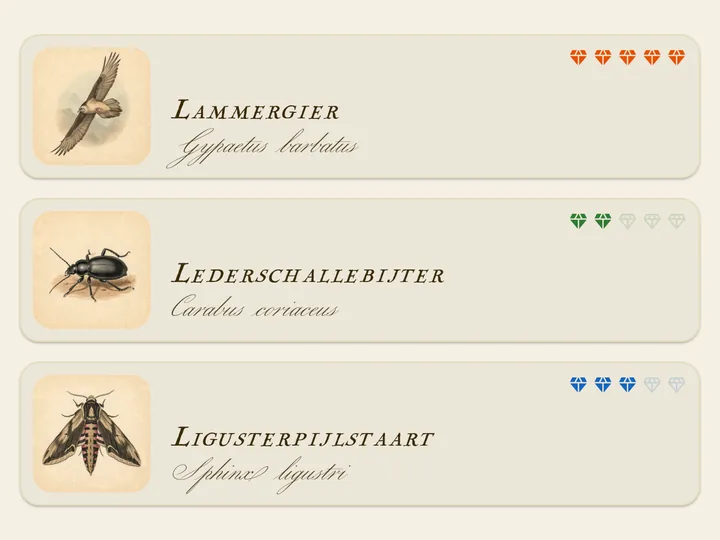Soortenlijst in het bestiarium van de app