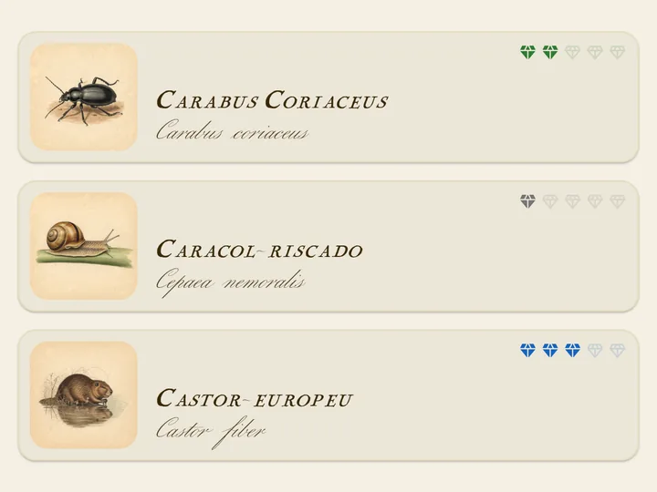 Lista de espécies no bestiário do app